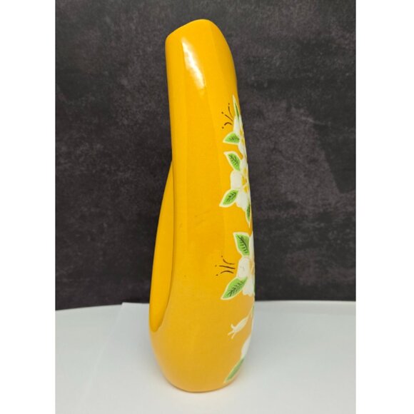 Yellow Ceramic Vase with Hand Painted Dogwood Flowers, 1973, Modern, 7.5" Tall - Picture 6 of 8